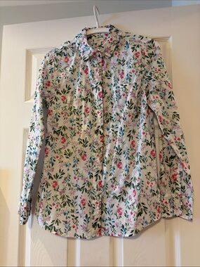 J. Crew Button-Up Shirt, White with Pink & Green Floral Print